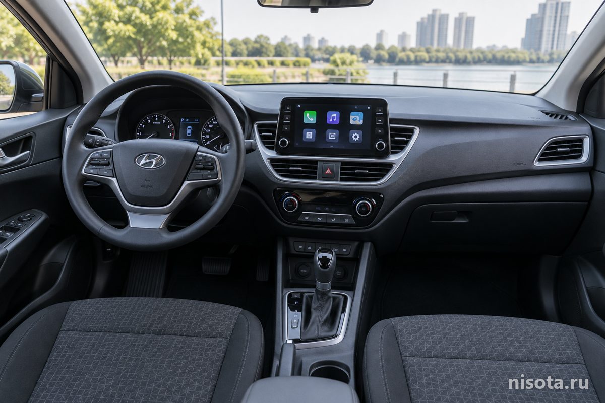 Салон Hyundai Solaris: приборная панель, руль, экран мультимедиа, климат и селектор АКПП